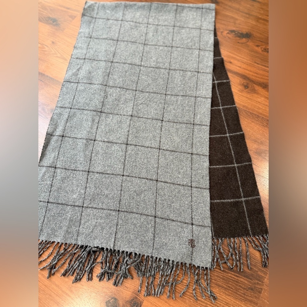 Lauren Ralph Lauren Plaid Scarf Lambswool Italy Gray Brown 19.5" x 73"